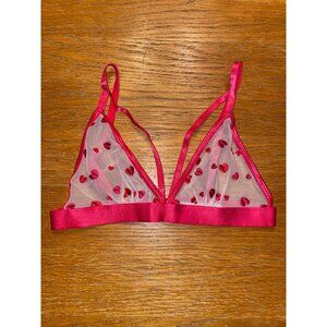 Sheer Mesh Triangle Bralette With Red Heart Embroidery & Adjustable Straps